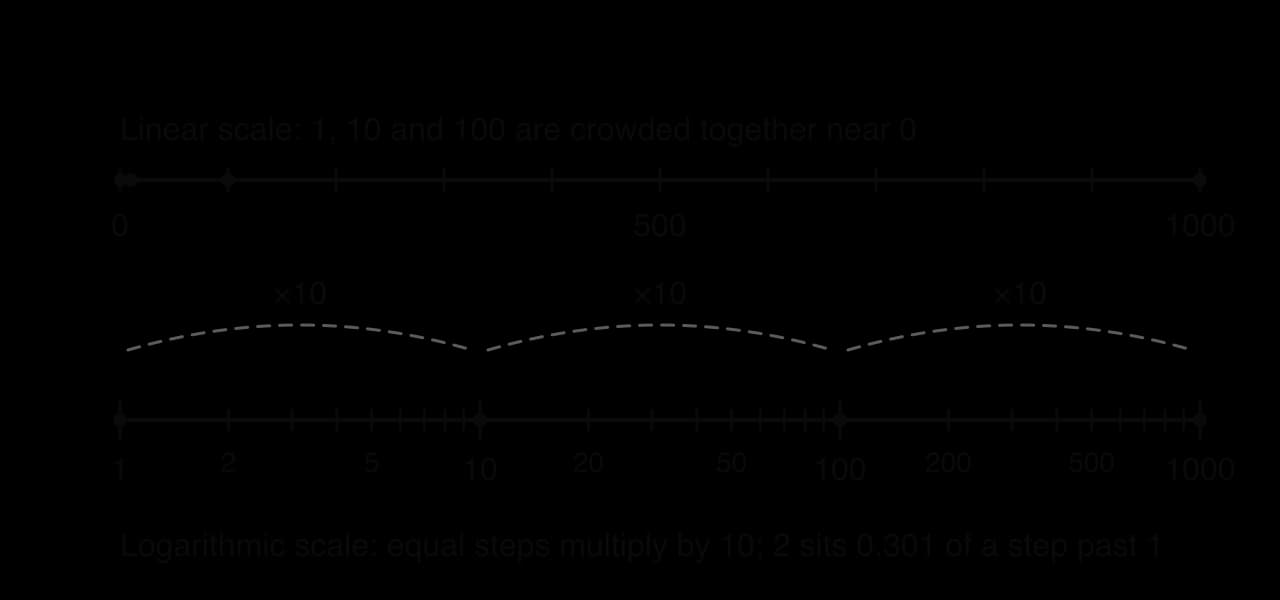 A linear axis from 0 to 1000 with the points 1, 10, 100 and 1000, where 1, 10 and 100 crowd near 0, above a logarithmic axis on which 1, 10, 100 and 1000 are equally spaced, each step labelled ×10, with minor ticks at 2 to 9 and labels 2, 5, 20, 50, 200, 500.
