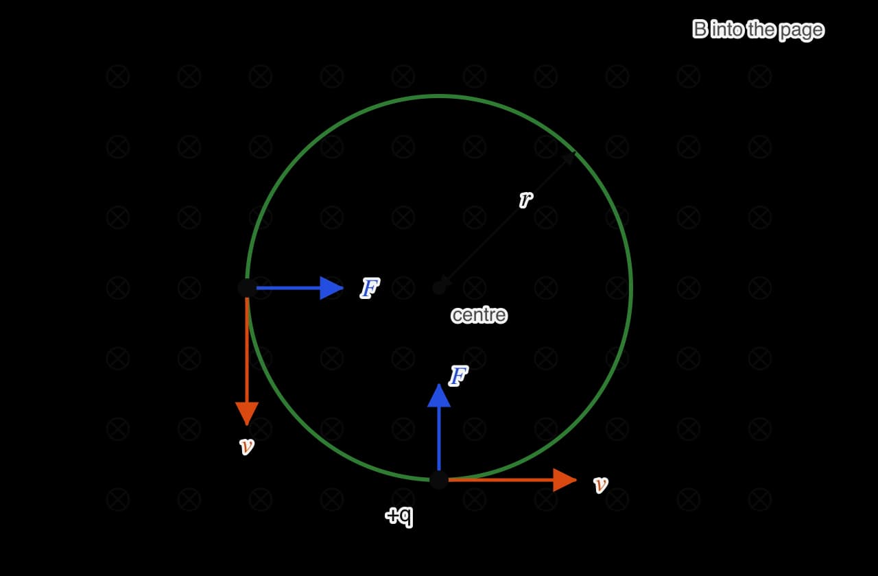 A uniform magnetic field into the page, shown by a grid of crosses. A positive charge moves anticlockwise in a green circle of radius r.