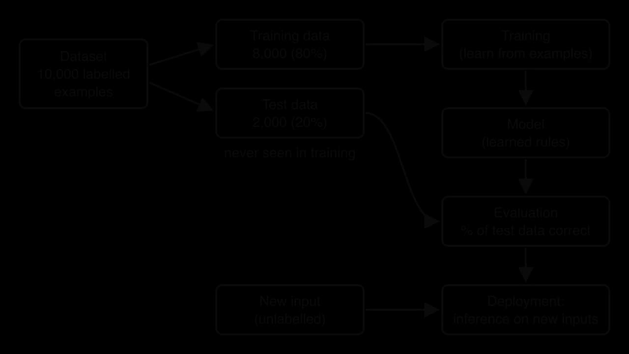 A dataset of 10,000 labelled examples splits into training data (8,000, 80%) and test data (2,000, 20%, never seen in training). Training produces the model; the model is evaluated on the test data, then deployed to run inference on new unlabelled inputs.