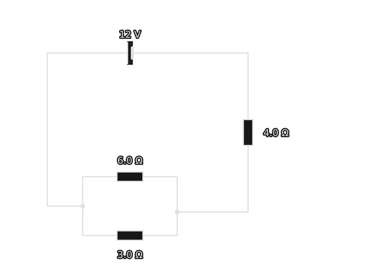 Circuit: a 12 V cell in series with a 4.0 Ω resistor and a parallel pair of resistors, 6.0 Ω and 3.0 Ω.
