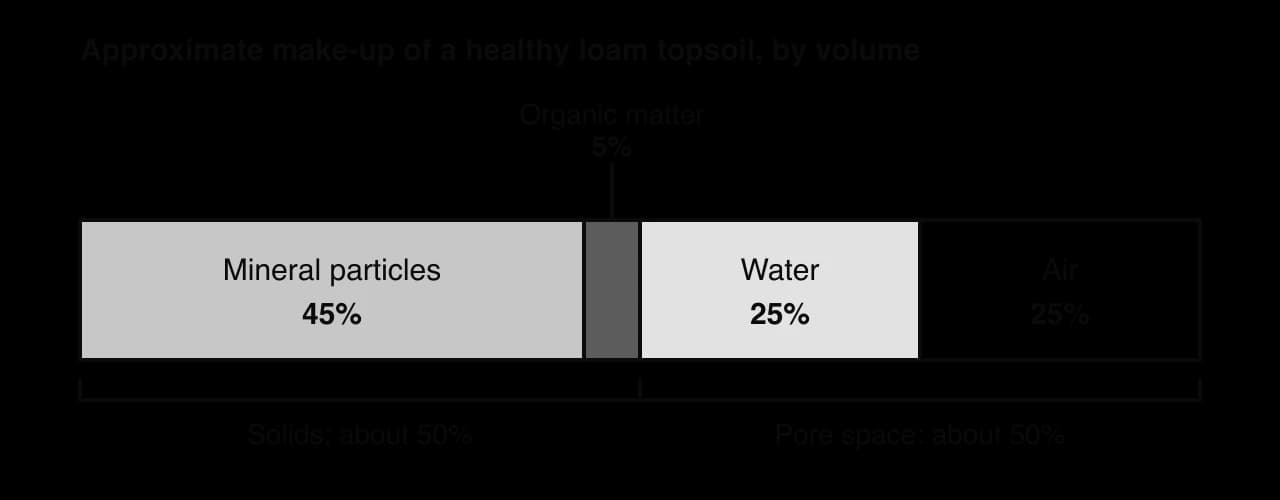 Stacked bar of a typical loam topsoil by volume: mineral particles 45%, organic matter 5%, water 25%, air 25%. Solids make up about 50% and pore space about 50%.