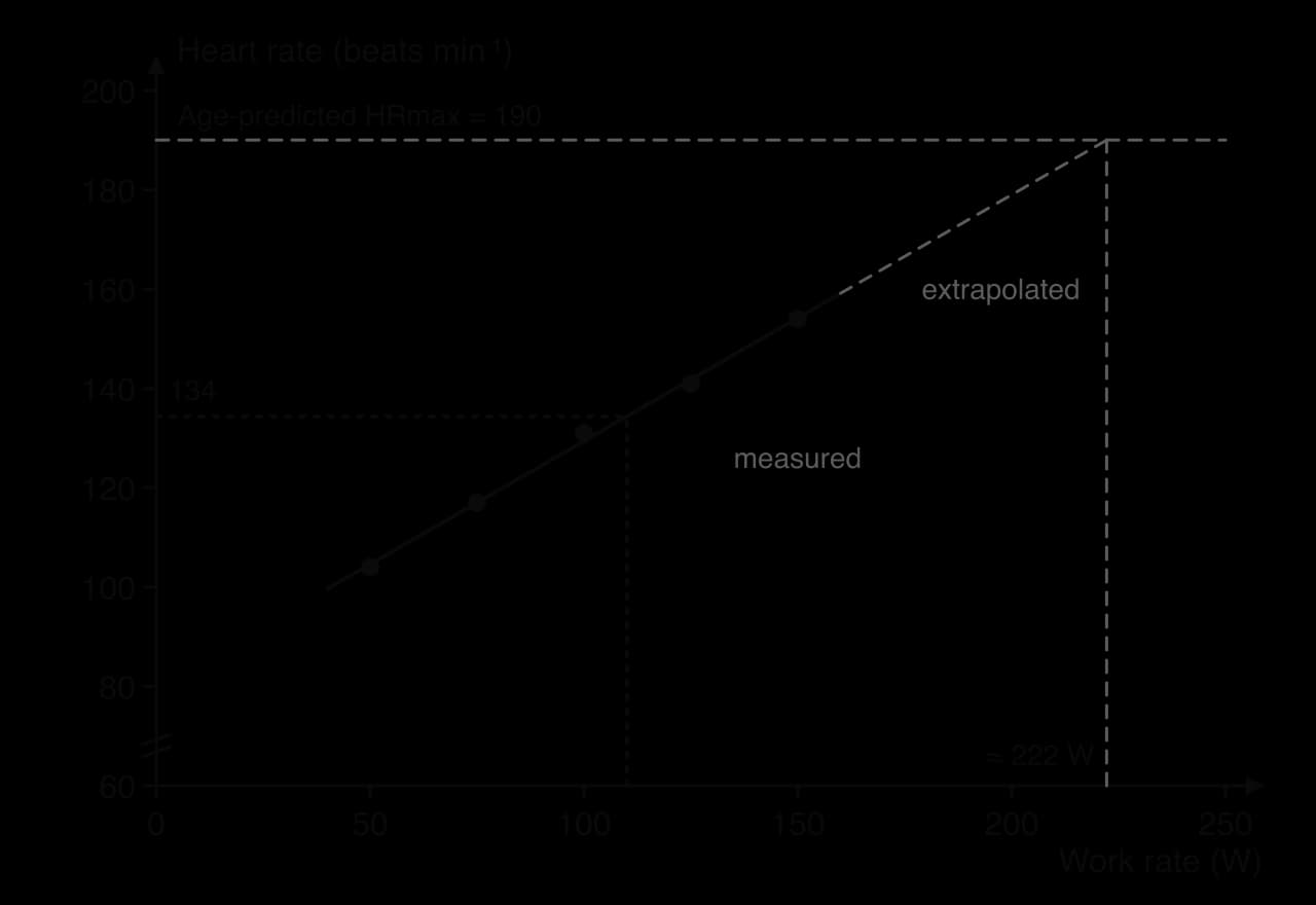 Hypothetical heart rate against work rate: five points from 104 at 50 W to 154 at 150 W with a straight best-fit line. Dotted lines read 134 beats per min at 110 W. A dashed extension meets a dashed line at age-predicted maximum 190 at about 222 W.