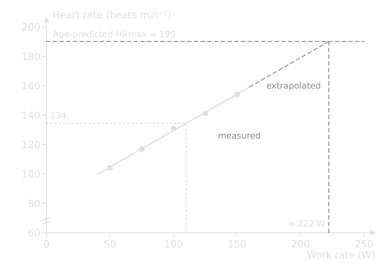 Hypothetical heart rate against work rate: five points from 104 at 50 W to 154 at 150 W with a straight best-fit line. Dotted lines read 134 beats per min at 110 W. A dashed extension meets a dashed line at age-predicted maximum 190 at about 222 W.