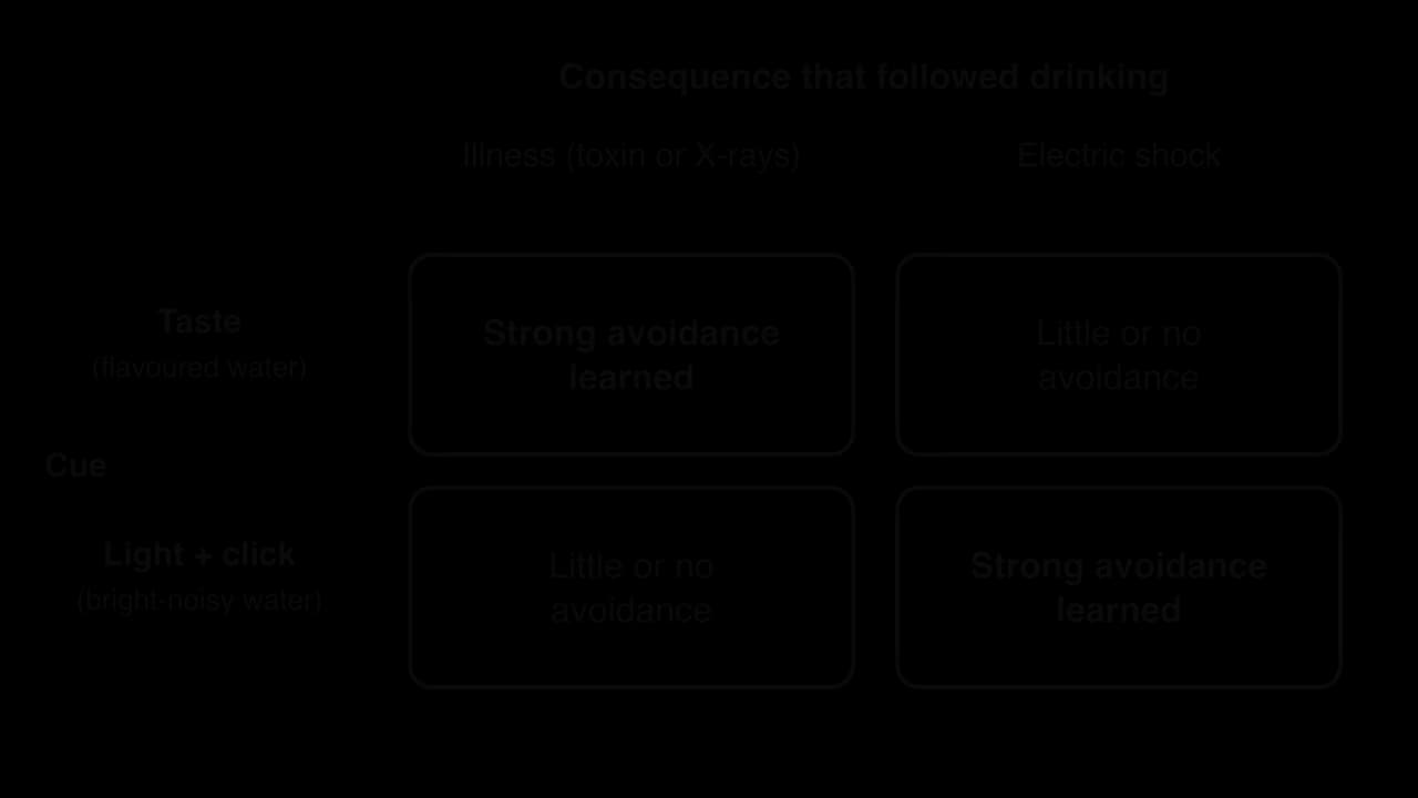 Two-by-two grid of Garcia and Koelling (1966). Taste followed by illness: strong avoidance. Taste followed by shock: little or none. Light and click followed by illness: little or none. Light and click followed by shock: strong avoidance.