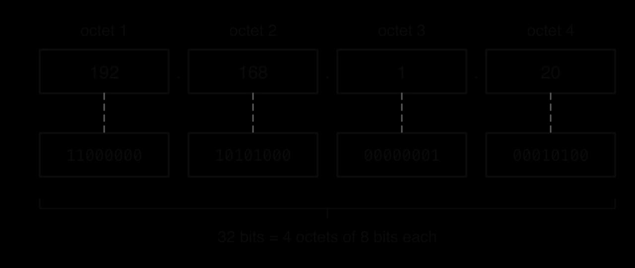 The IPv4 address 192.168.1.20 split into four octets, each shown above its 8-bit binary form: 192 = 11000000, 168 = 10101000, 1 = 00000001, 20 = 00010100. A bracket shows 32 bits = 4 octets of 8 bits each.