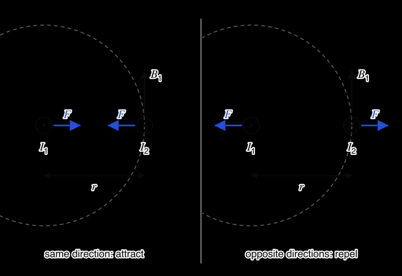 Two pairs of long parallel wires seen end-on, a distance r apart. Left: both currents out of the page; the field B1 of wire 1 points up at wire 2 and the forces F pull the wires together. Right: one current out of and one into the page; the forces push the wires apart.